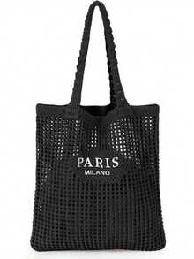 1pc- Knitted Shoulder Bag, Multifunctional Photo Prop Beach Bag With Embroidered Hollow Letters, Leisure Travel Handbag, Beach Necessities, Beach Necessities, Beach Supplies And Summer Necessities, Latest Holiday Bag, And Design-Conscious Leisure Storage Bag, Suitable For Holiday Travel, Holiday Gifts, Christmas Decorations And Christmas Gifts. (Styles Shipped Randomly)