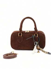 Vintage Fashion Versatile Texture Boston Bag, Exquisite Hanging Decoration Large Capacity Small Square Bag, Niche Design Solid Color Imitation Suede Crossbody Bag, Suitable For Commuting, Shopping And Work - Coffee - View 6