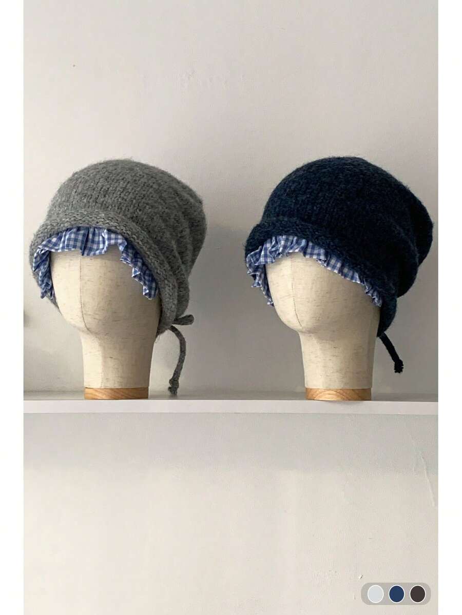 Letter Knitted Cuffed Beanie Hat For Women, Autumn/Winter, Fashionable, Face-Slimming, Large Head Circumference, Cold-Proof, Simple, Versatile, Ear-Warming, Knitted Hat With Plaid Ruffle, Grey - Multicolor - View 1