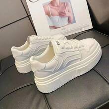 Zapatillas bajas de estudiante para mujer, deportivas de cuero, zapatos casuales blancos ligeros de suela gruesa para mujer - Blanco - Ver 7