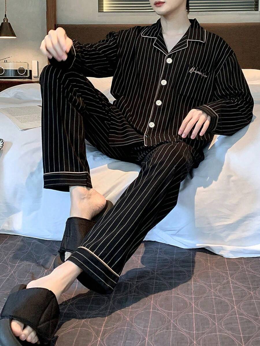 男士条纹睡衣套装，纯棉长袖上衣和长裤，透气吸汗，适合春秋季和秋冬季穿着。 - 黑色 - 查看 1