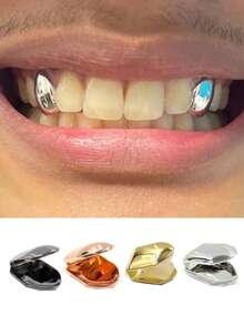 4pcs Classic Smooth Single Tooth Hip Hop Grillz Set, Adjustable Unisex Party Stage Props