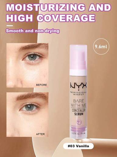 NYX NYX Bare With Me Concealer Serum 03 Vanilla Color 9.6ml/ 0.32 Oz Concealer Liquid For Dark Circles & Imperfections | Evens Skin Tone & Provides Full Coverage | Quick Application & Long-Lasting Hydration | Twist Cap Design | Professional Makeup Artist Recommended | Ideal For Contouring & Camouflage