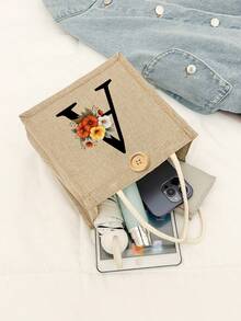 Bolso de tela con estampado de letras, bolso de tela estampado, bolso con decoración de botones, bolso grande de capacidad minimalista, bolso de tela casual y portátil de gran capacidad, bolso de compras multifuncional, nuevo diseño, gran capacidad, compañero de compras, bolso de hombro, bolso de tela, bolsa de almuerzo, lonchera, bolso cruzado, para mujer, uso diario, cita - Multicolor - Ver 6