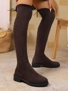 女士时尚棕色单层过膝长靴，系带仿麂皮圆头粗跟优雅棕色仿麂皮女士踝靴，适合秋冬季节，性感百搭，派对必备 - 棕色 - 查看 7