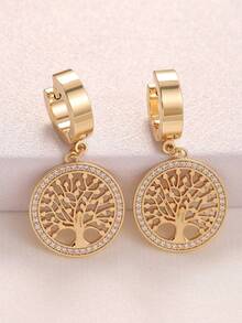 1pair Fashion Simple Stainless Steels Rhinestone Tree Of Life Drop Earrings For Women Glamour Party Jewelry Gifts