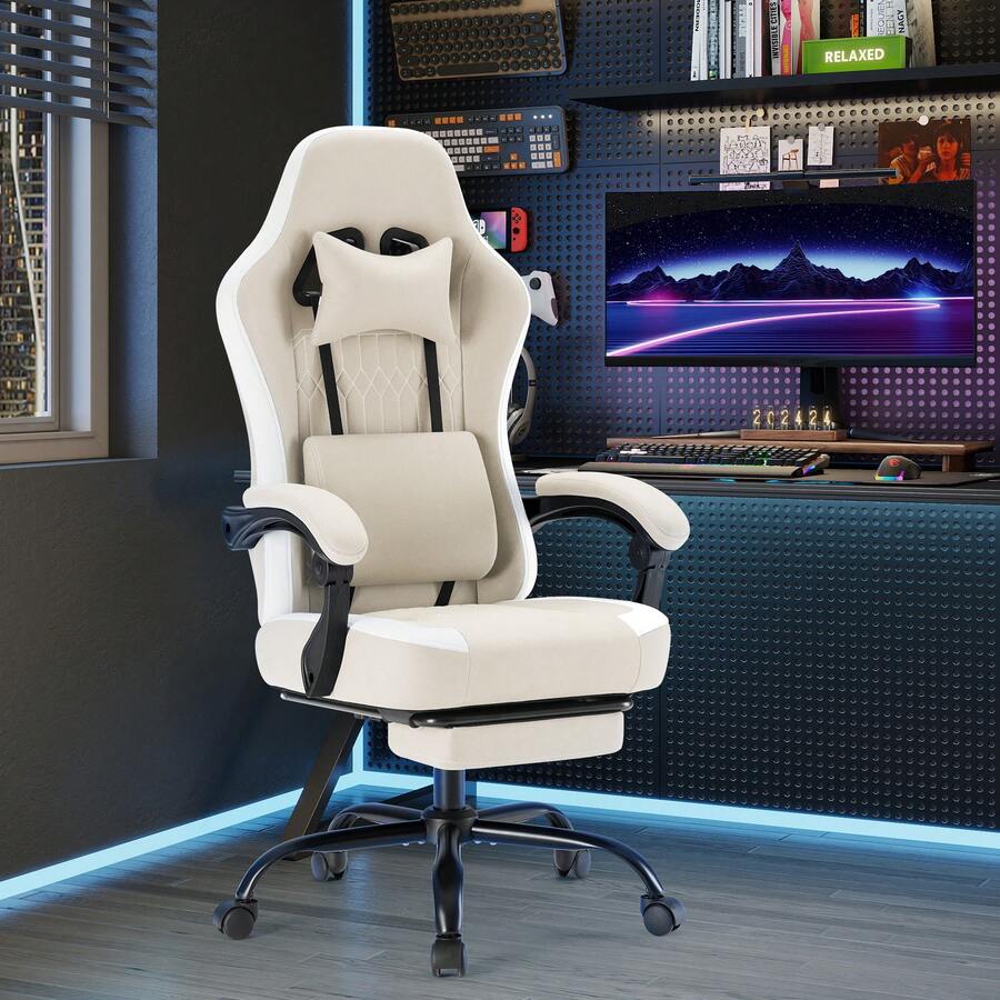 Sweetcrispy Computer Gaming Chair - High Back Ergonomic Desk Chair With Footrest And Lumbar Support, Height Adjustable Task Chair With Linkage Armrests And Headrest, 360° Swivel Wheels - Màu Khaki - Xem 1