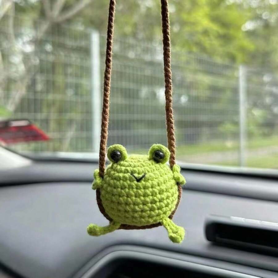 1pc Charming Crochet Animal Car Rearview Mirror Hanging Decor - Green Smiling Frog, Yellow Duckling Multicolor Animal Woven Rope Design, Handmade Fabric Car And Bag Decoration, Fun Animal Decor, Gift - Multicolor - View 1
