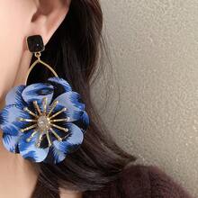 Andkiss 1 Pair Elegant Niche Versatile Drip Oil Square Fabric Flower Stud Earrings