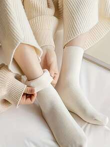 5 Pairs Cozy Fleece Winter Socks - Thick, Warm, Soft, Earthy Tones, Polyester & Elastic Fiber Blend, Knitted, Solid Color, Suitable For Cold Weather/Yoga/Sleeping, Fashionable Women - Multicolor - View 4