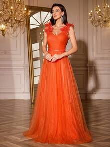 Elegant Women's Warm Orange High Waist Ruched Mesh Floral Decor Spaghetti Strap Flared Hem Bridesmaid Dress, Suitable For Weddings, Formal Occasions, Galas, Graduation Ceremonies, Dinner Parties