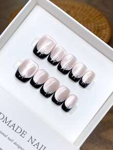 10 piezas de uñas postizas cuadradas cortas pintadas a mano, se puede elegir entre uñas pintadas a mano con ojo de gato negro, estrella de cuatro puntas, diseño simple de alta calidad, uñas postizas de cobertura total, uñas Y2K, uñas postizas creativas únicas y de nicho, uñas de presión