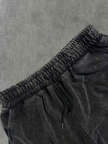 Pantaloni lungi spălați cu șnur pentru bărbați, culoare închisă, cu poster vintage - Negru - Vizualizare 5