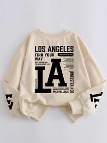 Tween Boy Long-Sleeved Crew Neck Sweatshirt Features The "LOS ANGELES" Logo. Comfortable And Stylish, It's A Lightweight New Top Perfect For Spring And Autumn, Suitable For School, Shopping, Street Wear, And Vacations - Apricot - View 10