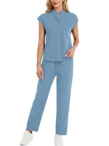 2pcs Set: Allover Print Mandarin Collar Top And Drawstring Pants Loungewear Spring - Light Wash - View 5