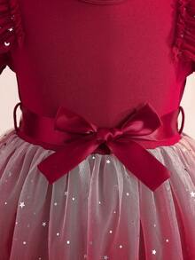 coviviky Vestido de tul con degradado de colores y decoración de estrellas para niña, diseño único con lazo en la cintura, puños acampanados de manga larga, uso casual y para fiestas