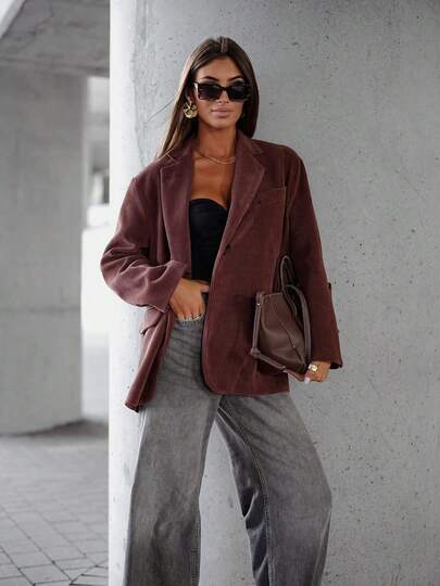 女士纯色时尚翻领长袖休闲夹克，带口袋、纽扣和拉链，适合办公室穿着