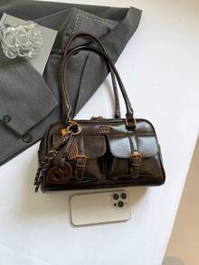 Vintage One Shoulder Bag, Multi-Pocket, Women's Bag, Faux Leather Material, Solid Color Retro, Large Capacity Women's Shoulder Bag, Comes With Pendant (Pendant May Vary Slightly By Batch)