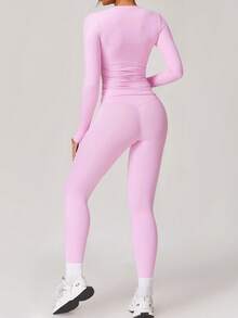 NcmRyu 1 Set Women's Elastic Tight Lifting Shaping Sexy Long Sleeve & Long Pants Sportswear Set Pink Spring - Pink - View 4