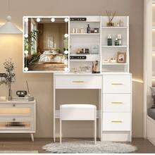 Makeup Dressing Table With Mirror,Vanity Desk,4 Drawers 6 Open Storage Shelves,Makeup Table,3 Color Modes Adjustable Brightness,10 LED Lights Mirror,For Women Gift,Bedroom Furniture(White)
