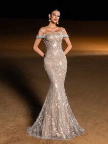 Faeriesty Haute Glamour Luxe Beaded Sequin Mermaid Evening Gown With Off-Shoulder Thin Straps – Intricate Flowing Wave Beadwork On Bodice & Skirt, Form-Fitting Silhouette & Dramatic Mermaid Flared Skirt For Galas, Weddings, Proms & High-End Evening Parties