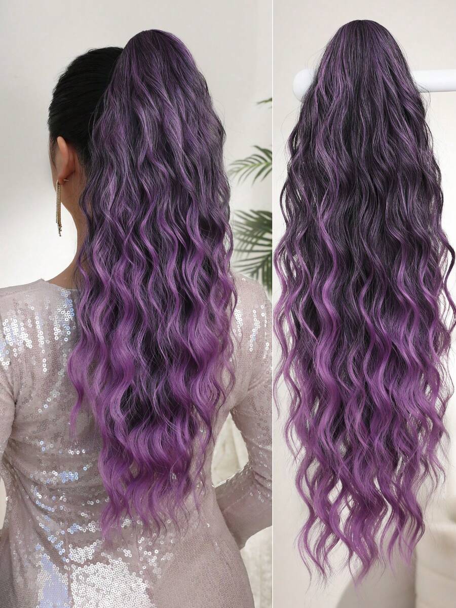 Tóc giả đuôi ngựa dài 24 inch, màu tím ombre, kiểu gợn sóng, chất liệu tổng hợp chịu nhiệt, phù hợp cho phụ nữ dự tiệc và sử dụng hàng ngày.