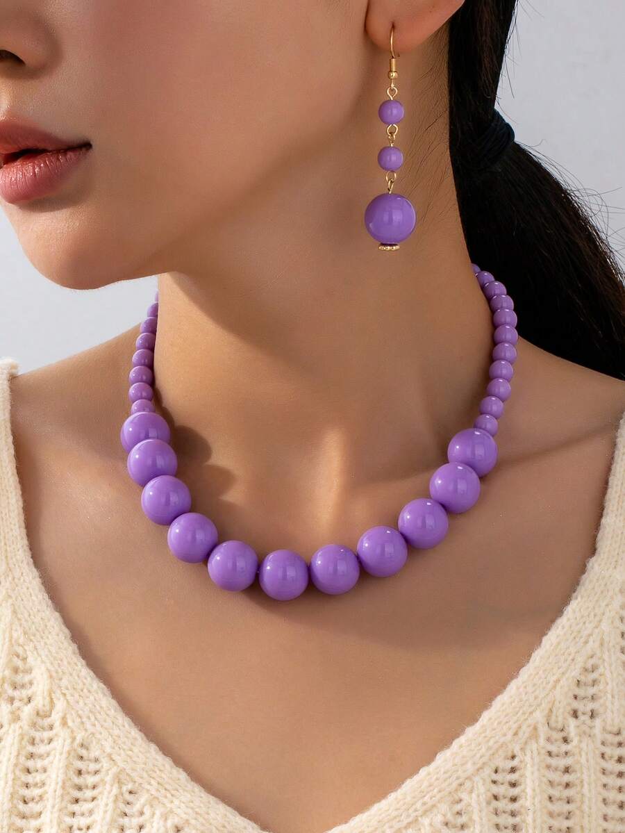 3pcs/Set Fashionable & Elegant Colorful Beaded Necklace & Earrings Set, Suitable For Women's Daily, Vacation, Party Outfits - Purple - View 1