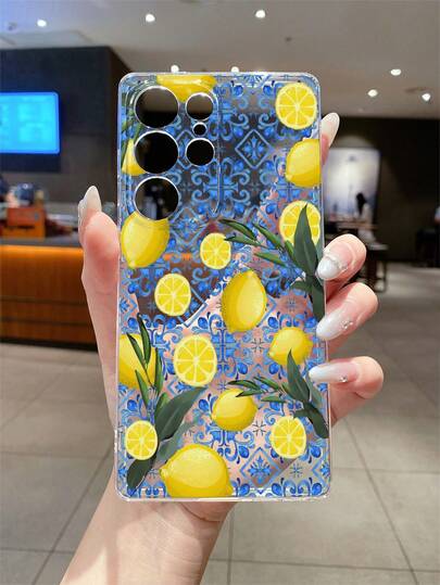 1 Stück modischer, kreativer, blauer Paisley-Blumen-Zitronen-Muster, perforierter, transparenter, stoßfester TPU-Handyhülle, geeignet als Urlaubsgeschenk für Partner und Freunde, kompatibel mit iPhone Xs/Xs Max/Xr/11 12 13 14 15 16 Pro/Pro Max/14 15 16 Plus, Nothing, Pixel, INFINIX, Redmi Serie