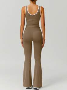 NcmRyu 1 Set Women's High Elasticity Contrast Color V-Neck Waist Slimming Tank Top And Leggings Sexy Butt Lifting Fitness Outfit Summer - 棕色 - 查看 8