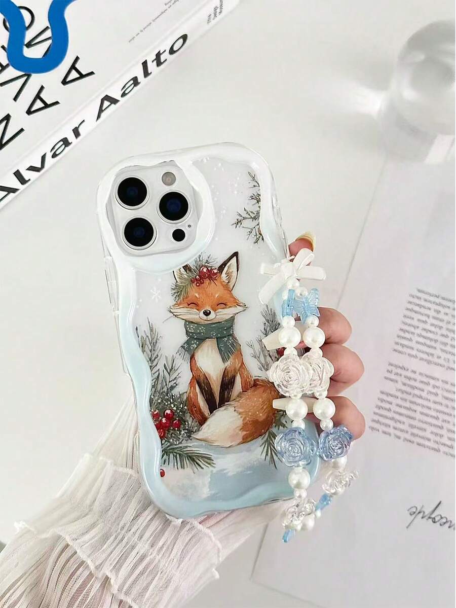 حافظة هاتف مضادة للسقوط مطبوعة بنمط الثعلب الثلجي المموج ذو الحافة المتموجة والملمس الكريمي واللمعان، مع إكسسوار سوار خرزي مصنوع يدويًا