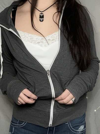 Gray Casual Hooded Sweatshirt Women's Solid-Color Zipper Drawstring Pocket Hooded Sweatshirt For Fall Daily Basic All Match Clothes Chic Outfits