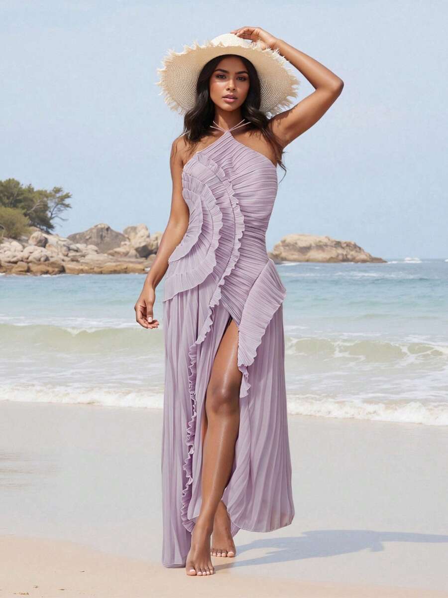 Women's Ruffle Halter Dress Sleeveless Solid Color Long Flowy Dress Summer A-Line Dress - 紫色 - 查看 1