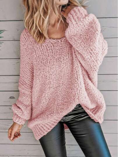 Plus Size Solid Color Crew Neck Casual Long Sleeve Knit Sweater