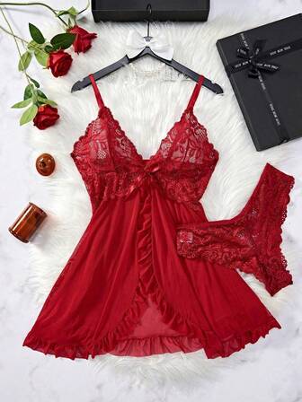 两件套加大码女士V领蕾丝网纱拼接吊带背心内衣套装，适合睡衣和性感内衣穿着，圣诞节