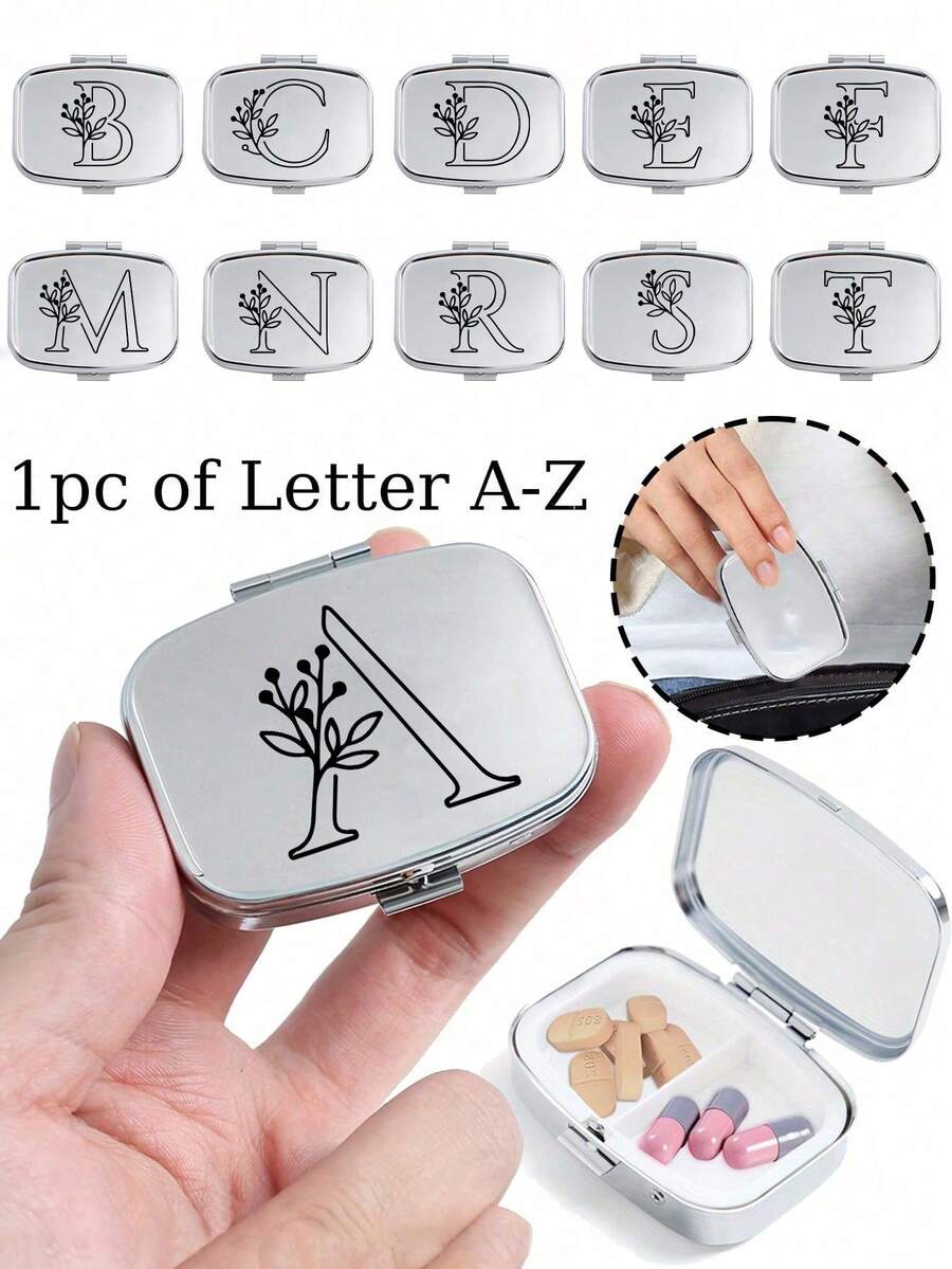 Cutie de pastile pătrată cu model floral negru, 2 compartimente portabile pentru pastile, mini cutie de depozitare metalică, cutie portabilă pentru bijuterii și pastile, cadou creativ personalizat cu identificare a numelui, potrivită pentru călătorii, activități în aer liber, genți, buzunare, utilizată pentru cadouri de nuntă, cadouri și decorațiuni pentru recepție, cutie de depozitare decorativă pentru călătorii cu design unic (litere inițiale A-Z), organizator de medicamente pentru călătorii în aer liber, articole esențiale, trusă de prim ajutor