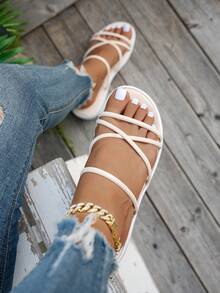 女士流行半圆条纹时尚简约一脚蹬户外纯色清新平底凉鞋