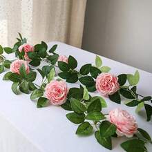 1pc Artificial Pink Silk Peony Floral Vine, Evergreen Ivy Garland For Wedding Party Wall Hanging, Home Garden Decor