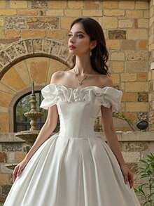 1pc White Off Shoulder Rufyhe Satin BAll Gown Wedding Dress, Elegant Bridal Gown With Train, All Seasons, HAlloween Gift, Elegant And Comfortable, Suitable For Wedding,Party, Singles' Party,Vacation,Bride,Formal Occasions,Dinner Dress,Prom Dress,Homecoming Dress,Cocktail Party,Birthday Party - 白色 - 查看 6