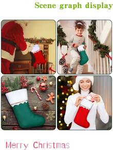 2/12 pièces/Bas de Noël en velours 36 cm Cadeaux de fête Bas de cheminée Décorations de Noël Bas de style campagnard Père Noël Convient pour la décoration de la maison pendant les vacances de Noël (Rouge, Vert) - Rouge - Voir 7