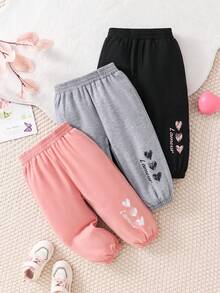 3pcs/Set Baby Girls' Autumn/Spring Pants, Pink + Grey + Black Heart Print Ankle-Length Leggings, Fashion, Soft, Warm & Comfortable Toddler Girl Casual Clothing - Multicolor - View 1