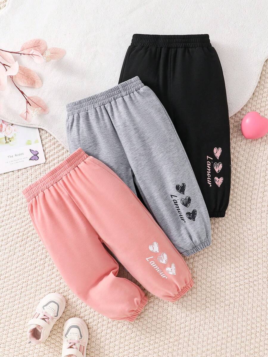 3pcs/Set Baby Girls' Autumn/Spring Pants, Pink + Grey + Black Heart Print Ankle-Length Leggings, Fashion, Soft, Warm & Comfortable Toddler Girl Casual Clothing - Multicolor - View 1