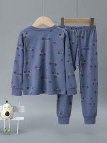2 件套幼儿男童卡通赛车印花加厚长袖上衣和长裤睡衣套装，秋冬 - 彩色 - 查看 2
