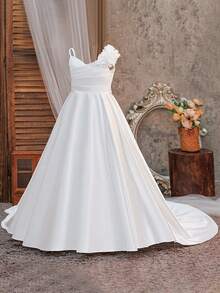 Váy satin trơn màu cho bé gái tuổi teen với họa tiết hoa 3D, váy dạ hội dài thướt tha thanh lịch phù hợp cho đám cưới, lễ tốt nghiệp, dạ hội, không kèm băng đô - trắng - Xem 2