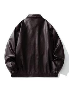 男士加大码PU皮长袖夹克，咖啡色翻领摩托车PU皮外套，适合秋冬季穿着 - 咖啡棕 - 查看 2