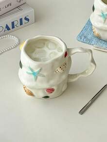 1pc/2pcs Seashell & Conch Ceramic Mug, Handmade Asymmetrical High-Quality Mugs, Coffee Cup, Creative Ocean & Cute Theme, Home Water Cup, Suitable For Coffee/Milk/Afternoon Tea/Dessert, Gift For Friends, Classmates, Teachers