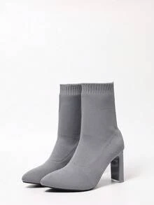 Women's Grey Chunky Heel Ankle Boots - Elastic Knit Pointed Toe High Heels, Suitable For Daily Wear, Performances, Holidays, Halloween Costumes