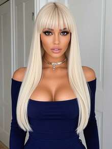 华丽浪漫 26 英寸直金色假发，带刘海，适合自然发质，轻盈透气，Y2K 耐热合成纤维假发，适合女性日常佩戴，节日派对假发，角色扮演，万圣节，圣诞节礼物，音乐表演，休闲时尚假发 - 金色 - 查看 2