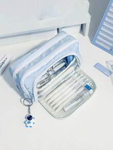 1件装大容量铅笔袋美观学校袋韩国文具袋笔袋学生学习用品 - 藍色 - 查看 5