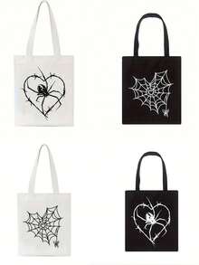 4 piezas, Bolsa de lona con impresión de telarañas y arañas de Halloween a doble cara, bolsa de almacenamiento portátil con estilo gótico y animales de moda, diseño de estilo academia gótica oscura, bolsa de la compra, adecuada para el hogar, compras, viajes, escuela, regalos, 16in*14in