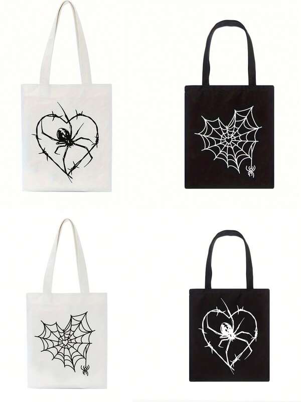 4 piezas, Bolsa de lona con impresión de telarañas y arañas de Halloween a doble cara, bolsa de almacenamiento portátil con estilo gótico y animales de moda, diseño de estilo academia gótica oscura, bolsa de la compra, adecuada para el hogar, compras, viajes, escuela, regalos, 16in*14in